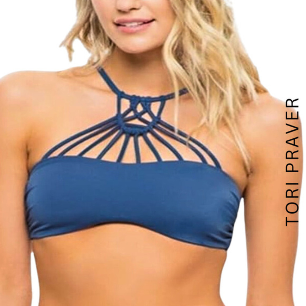 Tori Praver NEW Seafoam High Neck Bandeau Macrame Indigo Blue Bikini Top‎ XS
